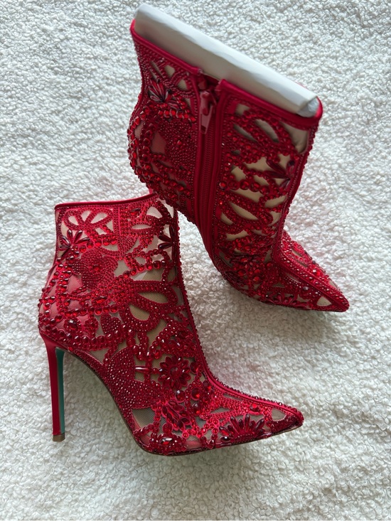Betsey Johnson Shoes - Betsey Johnson Red Embellished Lace Pointed-Toe Stiletto Ankle Boots